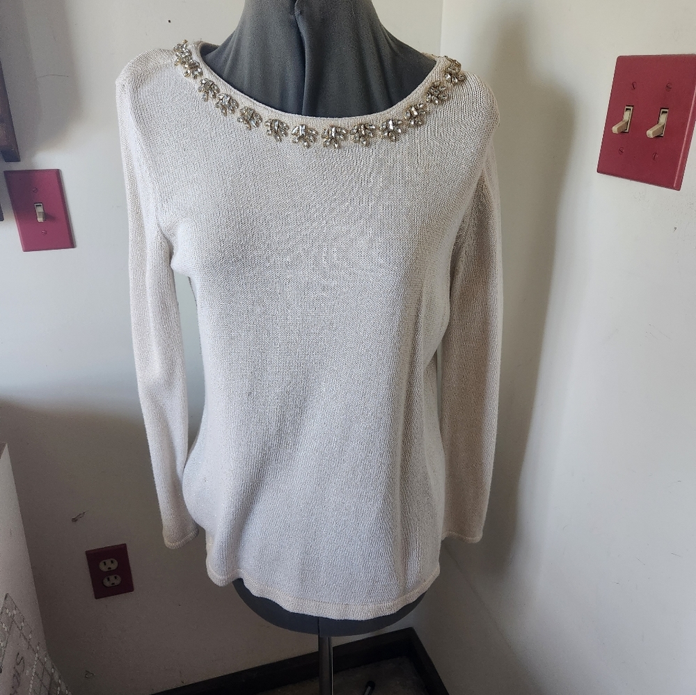 Chadwicks Jewel Accent Collar Gold Glitter Flecks Sweater, Size Medium